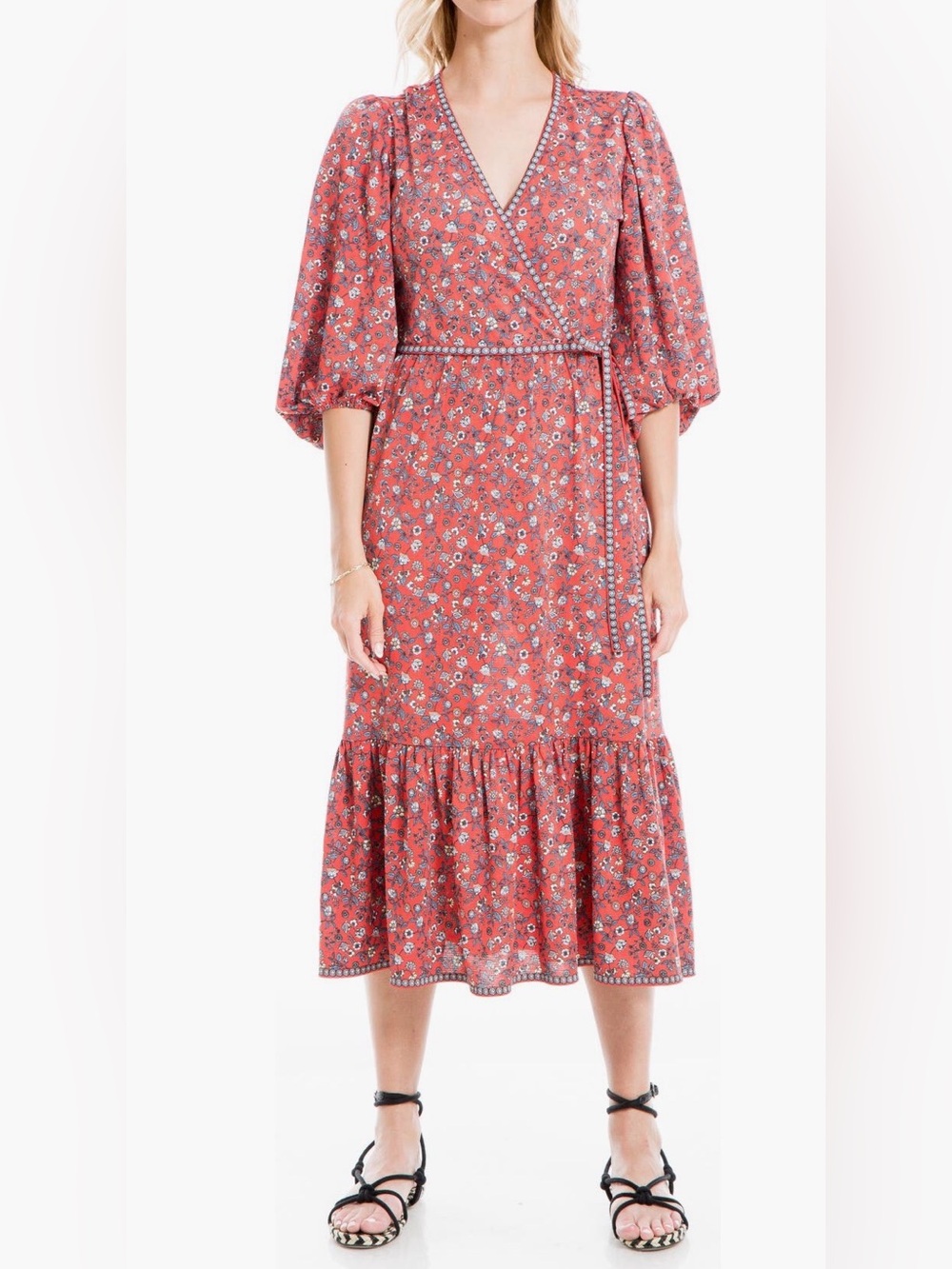 Max Studio Coral Floral Wrap-Style Midi Dress large Terra/ teal quilted floral